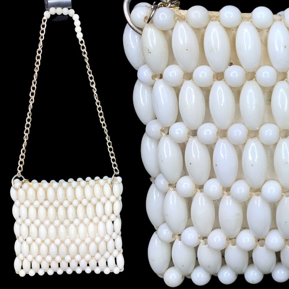 Vintage 1960s White Lucite Plastic Beaded Purse MCM Mod Minimalist 60s